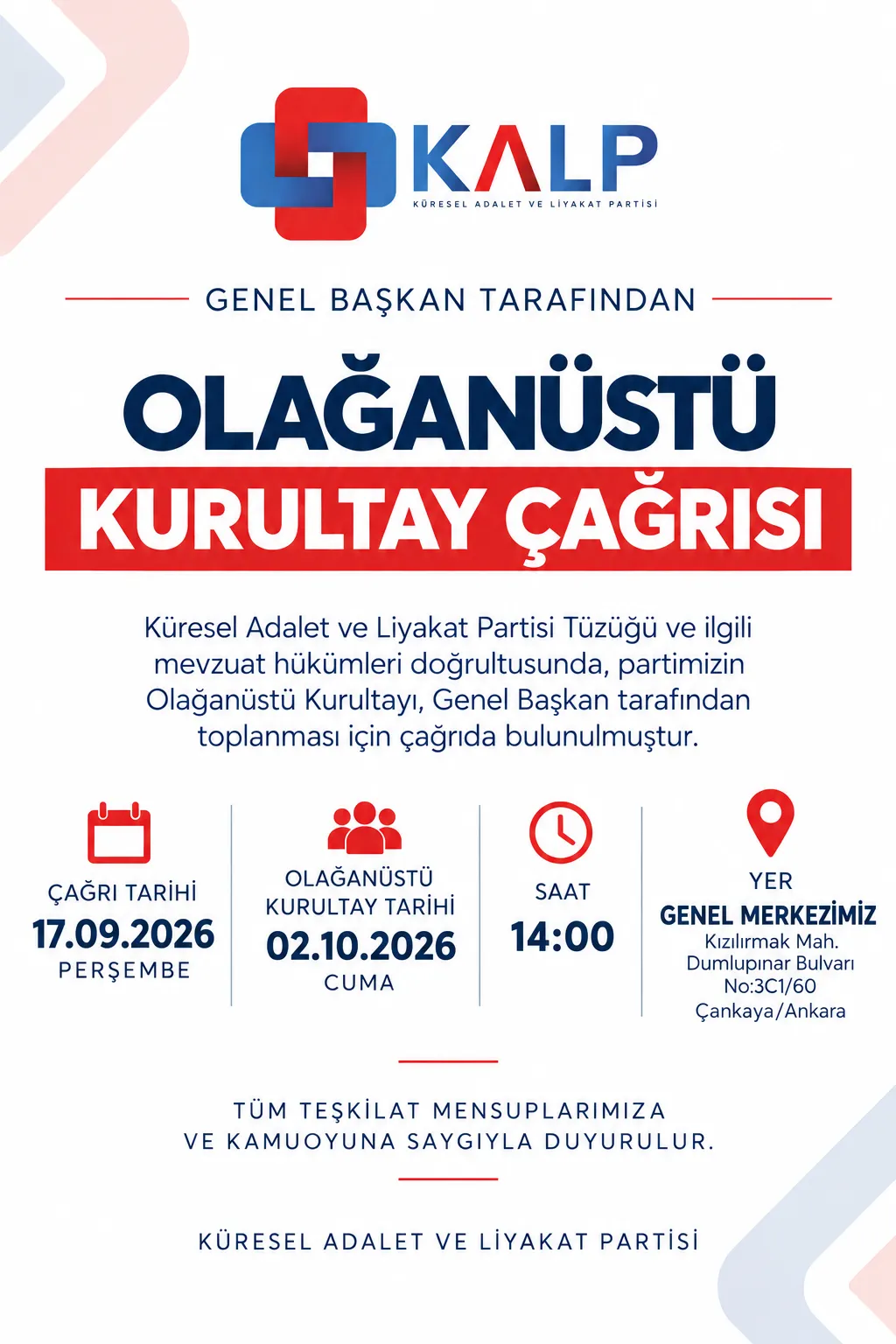 OLAĞANÜSTÜ KURULTAY ÇAĞRISI